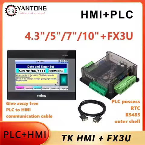 COOLMAY HMI And PLC touch screen 4.3"/5"/7"/10" combo set with FX3U-14M/24M/30M/32M/48M/56M-6AD2DA i