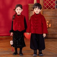 cod  Matching outfits for brothers and sisters childrens red Hanfu set fleece-lined and thickened ba
