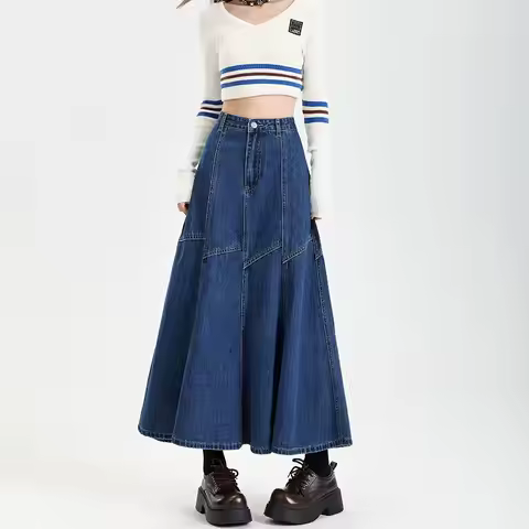 Women Blue A-line Denim Skirt Vintage Aesthetic Y2k Patchwork New Jean Skirt Harajuku Korean Cowboy 