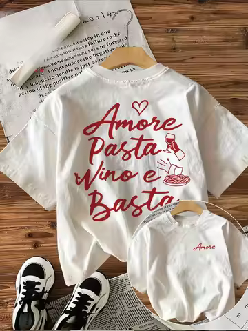 Loose Women's Casual T-Shirt with "Amore Pasta Vino E Basta" Italian Food Print Short Sleeve Round N