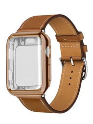 1入裝蘋果手錶帶蘋果手錶表帶褐色拼接設計蘋果手錶帶和蘋果手錶保護殼以及與Apple Watch 38mm/40mm/41mm/42mm/44mm/45mmltra 2 1 Se S9 8 7 6 5 4 3 2 1系列相容的保護膜