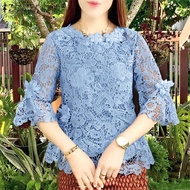 ZANZEA เสื้อลูกไม้แขนบานออกงานปะผ้าแฟชั่นสตรีทผู้หญิงสไตล์เกาหลีเสื้อสีพื้นเสื้อยืดคอกลม #0707