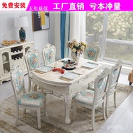 LP-6 YU🥤European-Style Marble Dining Tables and Chairs Set Retractable Folding Dining Table Solid Wood round Table Small