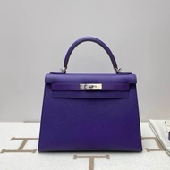 Hermes 愛馬仕 kelly28 鳶尾紫 銀扣 框Q epsom皮 配件鑰匙鎖 肩帶