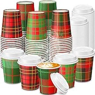 100 Pcs Christmas Plaid Paper Cups Disposable Coffee Cup with Lids Christmas Cups Coffee Bar Supplies for Hot Cocoa, Hot Chocolate, Hot and Cold Drink Tea Holiday Party Supplies, 5 Styles (8 oz)