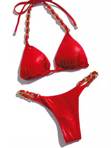 Halter Metal Chains String Micro Thong Bikini Women Swimsuit Female Swimwear Two-pieces Bikini Set B