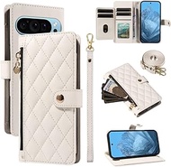 Compatible with Google Pixel 8 Pro (Color: White) Crossbody Strap Zip Wallet Leather Flip Back Case