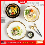 ALX MALAYSIA Microwave Oven Safe 4/6/8/10 Inches Dish Black Gold Ceramic Gilt Edge Tableware Western