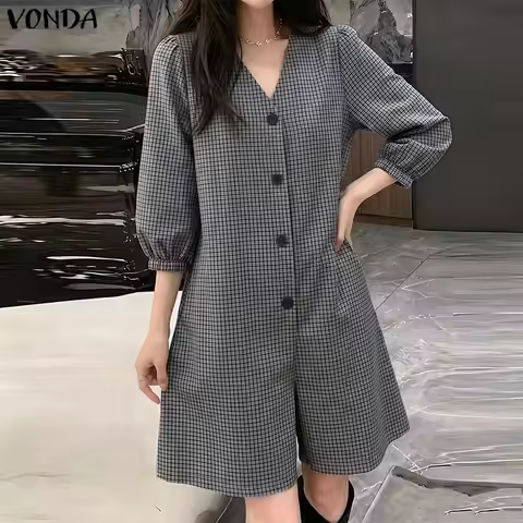 Fashion Women Playsuits VONDA Summer 3/4 Sleeve Tops V Neck Plaid Playsuits Rompers Streetwear Overa