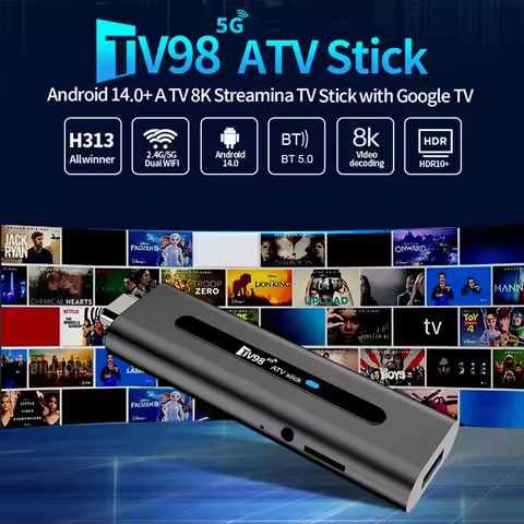TV98 ATV H313 Mini TV Stick 14.0 8K 2.4G/5G WiFi Quad Core BT5.0 Android TV Stick 14.0 Smart TV Box 