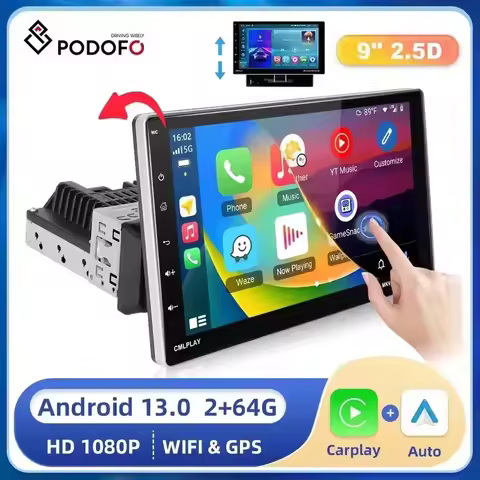 Podofo Car Stereo Radio 9'' 1din Android 13 Carplay Android auto Car Multimedia Player Bluetooth WIF