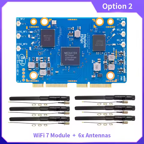 BPI-R4-NIC-BE14 WiFi 7 Module with MediaTek MT7995AV Optional Antennas 32-bit RISC-V MCU 2 PCIe 3.0 