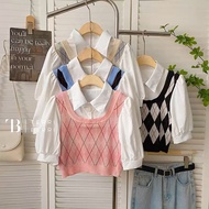 KEMEJA Hyo-Jin Blouse Set Vest ARGYLE | Korean School Uniform | PREMIUM top | Top Collar Shirt Combi