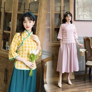 women plaid hanfu top cheongsam blouse top hanfu top women top