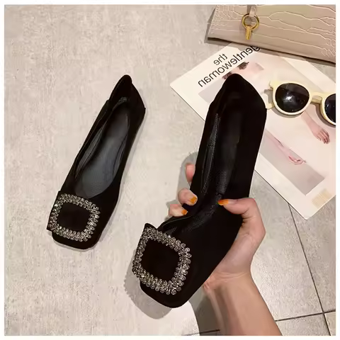 Square toe flat shoes for women spring summer new square buckle diamond shallow cut women shoes boat