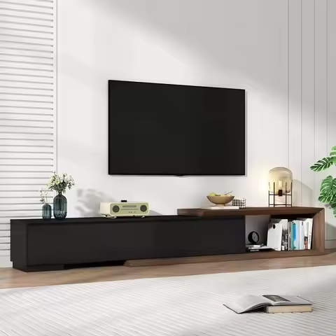 Modern 3-Shelf TV Stand, Minimalist Design, Reversible Media Console, 82-107.3 Inch, Black & Walnut