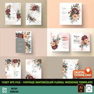 15Set EPS Files - Vintage Watercolor Flower & Leaves Wedding Card Template | Self Edit Adobe Illustr