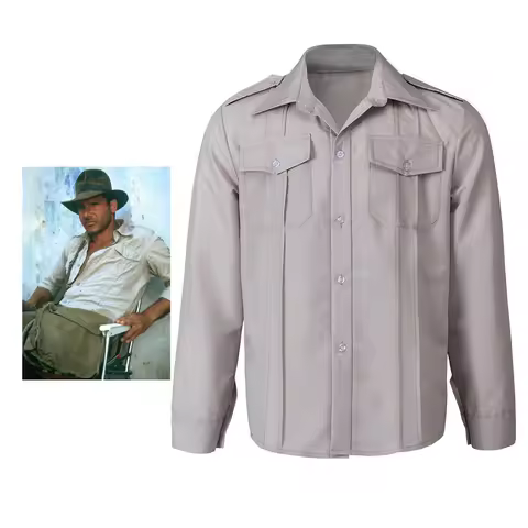 Movie Indiana Jones Cosplay Costume Shirt Dr. Jones Long Sleeves 2 Pockets Work Shirts Casual Shirt 