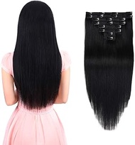 Real Clip in Hair Extensions Black 8 Pieces - Premium Womens Straight Double Weft Thick Remy Hair Ex
