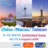 Wefly China Macau Taiwan SIM card 3-15 Days Unlimited Data 4G LTE High Speed Support eSIM