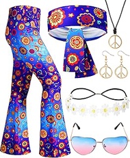 7 Pcs 70s Hippie Costume Accessories Set 60s 1970s Hippie Outfit for Women Peace Necklace Disco Halloween Costume