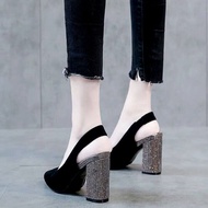 ZAZA รองเท้าส้นสูง Wild ชี้ Rhinestone รองเท้าส้นสูงสีดำรองเท้าส้นหนาแฟชั่นเกาหลีรองเท้าแตะหญิงสำหรับสุภาพสตรี คัชชูผู้หญิงดำ