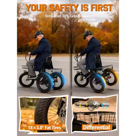 Adult Folding Electric Tricycle 1200W Motor 3 Wheel Ebike 55 Miles Range Fat Tire 18X3.0 Fat Tire Eb