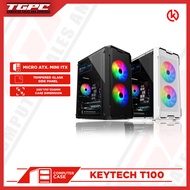KEYTECH T100 TEMPERED GLASS Side MESH Front panel, Gaming PC Case Black White, Desktop Computer Case