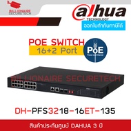 DAHUA DH-PFS3218-16ET-135 Intelligent PoE : 16 × RJ45 10/100 Mbps 2 × RJ45 10/100/1000 Mbps (uplink)