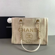 Chanel 米白金絲logo沙灘包肩背包tote