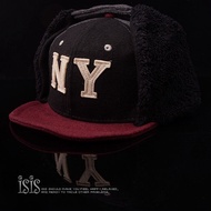 KURO-SHOP Trendy New Style Black Soft Maroon Brim Wool NY Patch Baseball Cap Board