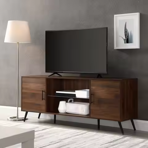 Mid Century Modern Glass Shelf TV Stand for TVs up to 65 Inches 60 Inch Walnut ,Customized