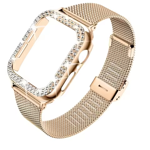 Diamond Case+Metal Strap For iWatch Band Ultra 2 Stainless Steel Bracelet For Apple Watch 9 8 7 45mm