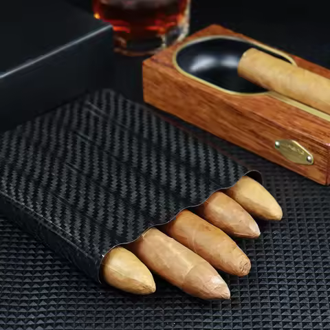 Carbon Fiber 5 Cigar Travel Carrying Case, Fit for 5 Cigars, Smoking Pipe, Humidor Box Bag, CE-023, 