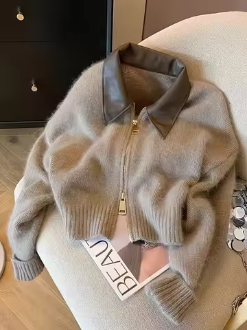 Patchwork Zipper Cropped Cardigan Women 400g Thick Autumn Knitted Sweater Bomber Jacket Vintage 2000