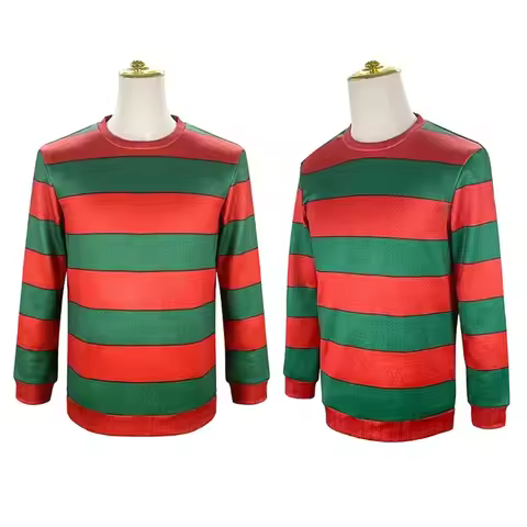 Movie Krueger Cosplay Costume Clothes Freddy T-shirt Adult Red Green Striped Horro Top Suit Hallowee
