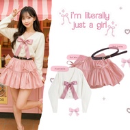 Sharenaoutfit - 3 IN 1 One Set Outfit Korean Look Outfit Sweater Ribbon Pinky Mini Skirt Coquette (S