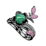 祖母綠14k粉紅寶石梅花求婚戒指套裝 獨特植物原石訂婚戒指組合