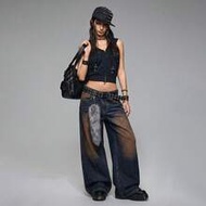 Y2K Baddie Chic Letter & Cross Embroidery Distressed Loose Wide Leg Low Waist Jeans For Women