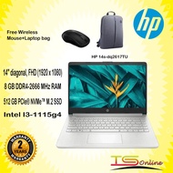HP Laptop 14s-dq2617TU (FREE BAG + MOUSE + M.OFFICE, Intel® Core™ i3-1115G4, 8GB RAM, 512GB SSD, 14") - Silver
