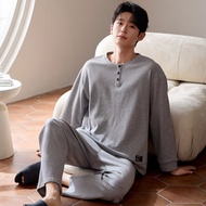 ((Control Price 79.9 Yuan) Autumn Pure Cotton Waffle Round Neck Pullover Double Long Pajamas Men's H