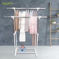 OKURA Heavy Duty Stainless Steel Double Garment Rack with Storage Shelf Home Living