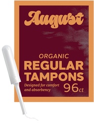 August Organic Cotton Tampons, 96 Regular Tampons Made with Organic Cotton, Long Applicators, Non-to