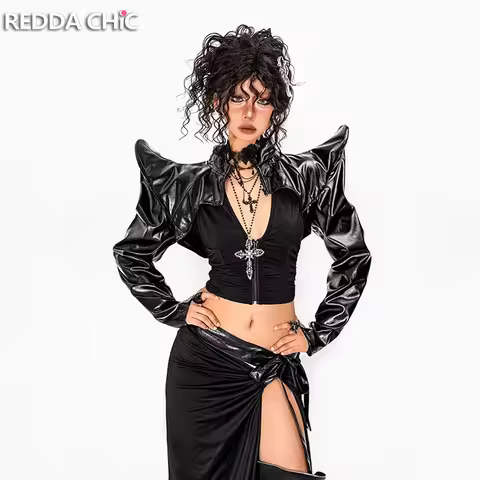 REDDACHiC ICON Faux Leather Women Cropped Jacket Motorcycle Biker Black Solid Long Sleeve Zip Up Bom