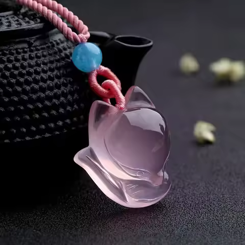 1PC Natural Pink Chalcedony agate Fox Pendant Necklace Fashion Charm Jewelry Carved Amulet Gifts for