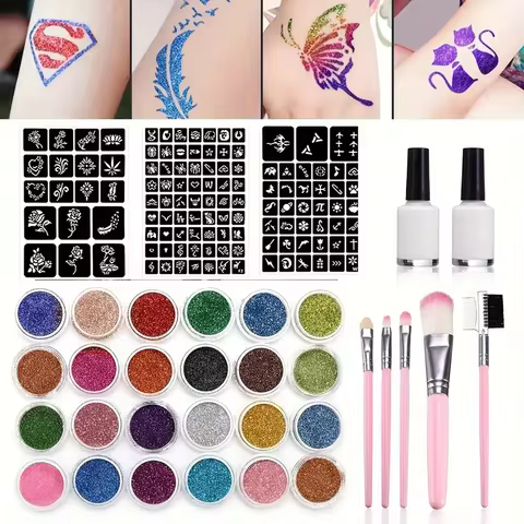 Glitter Temporary Tattoo Set 24 Colors with 2 Bottles of Glue,3 Sheets of Stencil Paper for Stage Pe