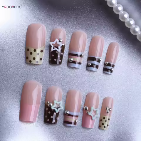 24Pcs Y2K Girls Charm Manicure Colorful French Press On Nails Stripe/Dot Printed Ballerina Square Fa