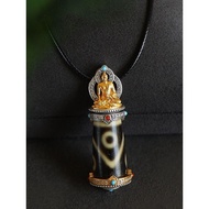 复古师佛天珠吊坠银色镶嵌天珠天然西藏小众设计颈饰项链空托Retro Master Buddha Dzi Bead Pendant Silver Inlaid Dzi Beads Natural Tib