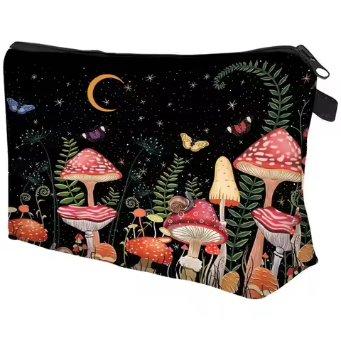 Cute Mushroom Print Cosmetic Bag Large Capacity Zipper Coin Purse Polyester Travel Storage Bag