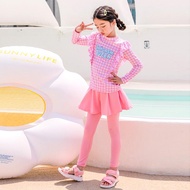 2-12 Yrs Kids Girl Pink Floral Plaid Design Swimwear Long Sleeve Muslimah Swimsuit Anti-UV Baju rena
